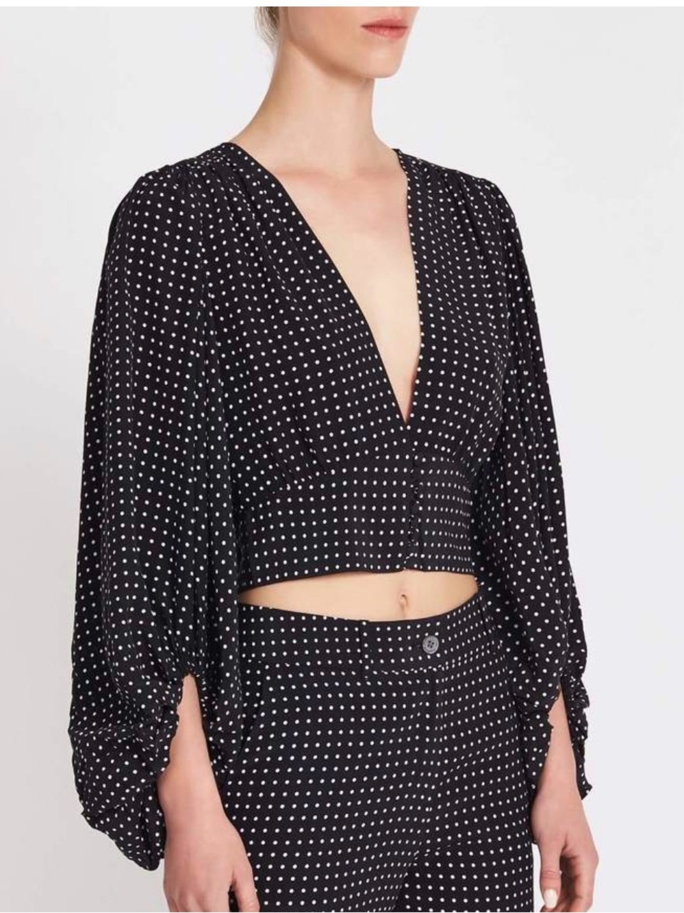 Equipment Black Polka Dot Cropped Blouse with Voluminous Sleeves